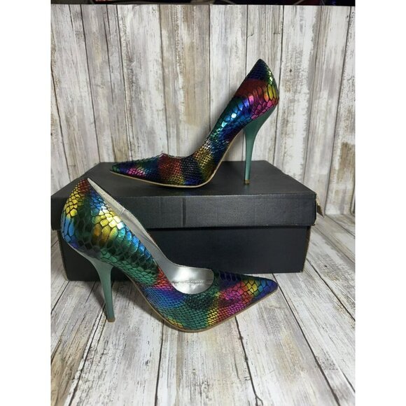 Miss Me Metallic Rainbow Snake Print Heels Pumps Colorful Size 7.5 - Picture 2 of 7